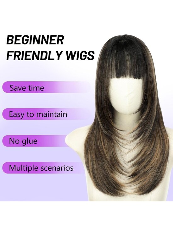 Women\'s Blonde Highligh Heat Resistant Middl Length Natural Layered Straight Wig